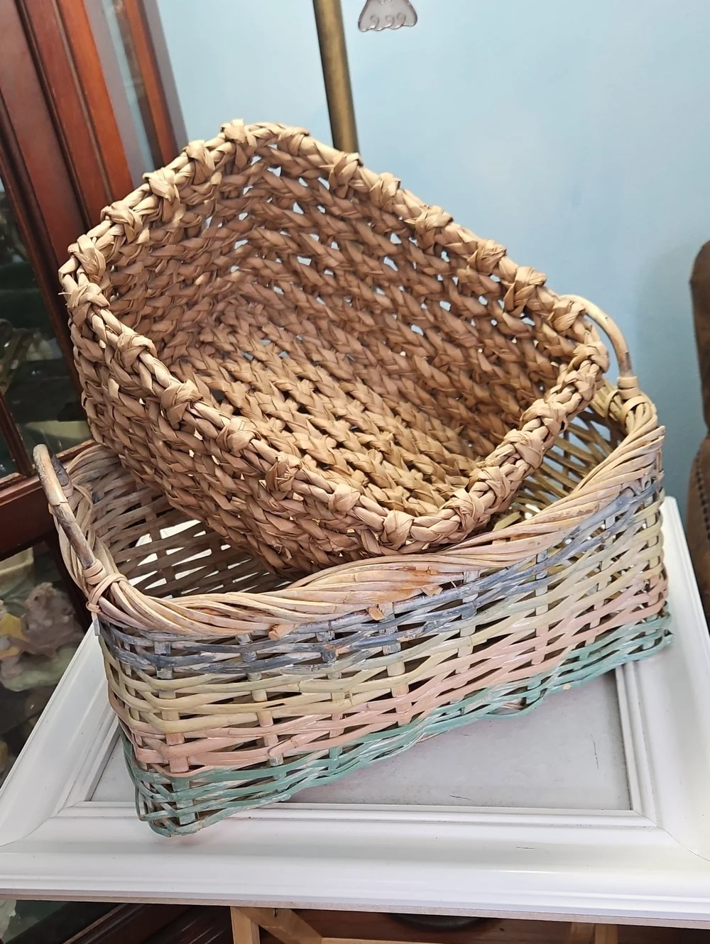 Woven Natural and Pastel Rectangular Storage Basket Set